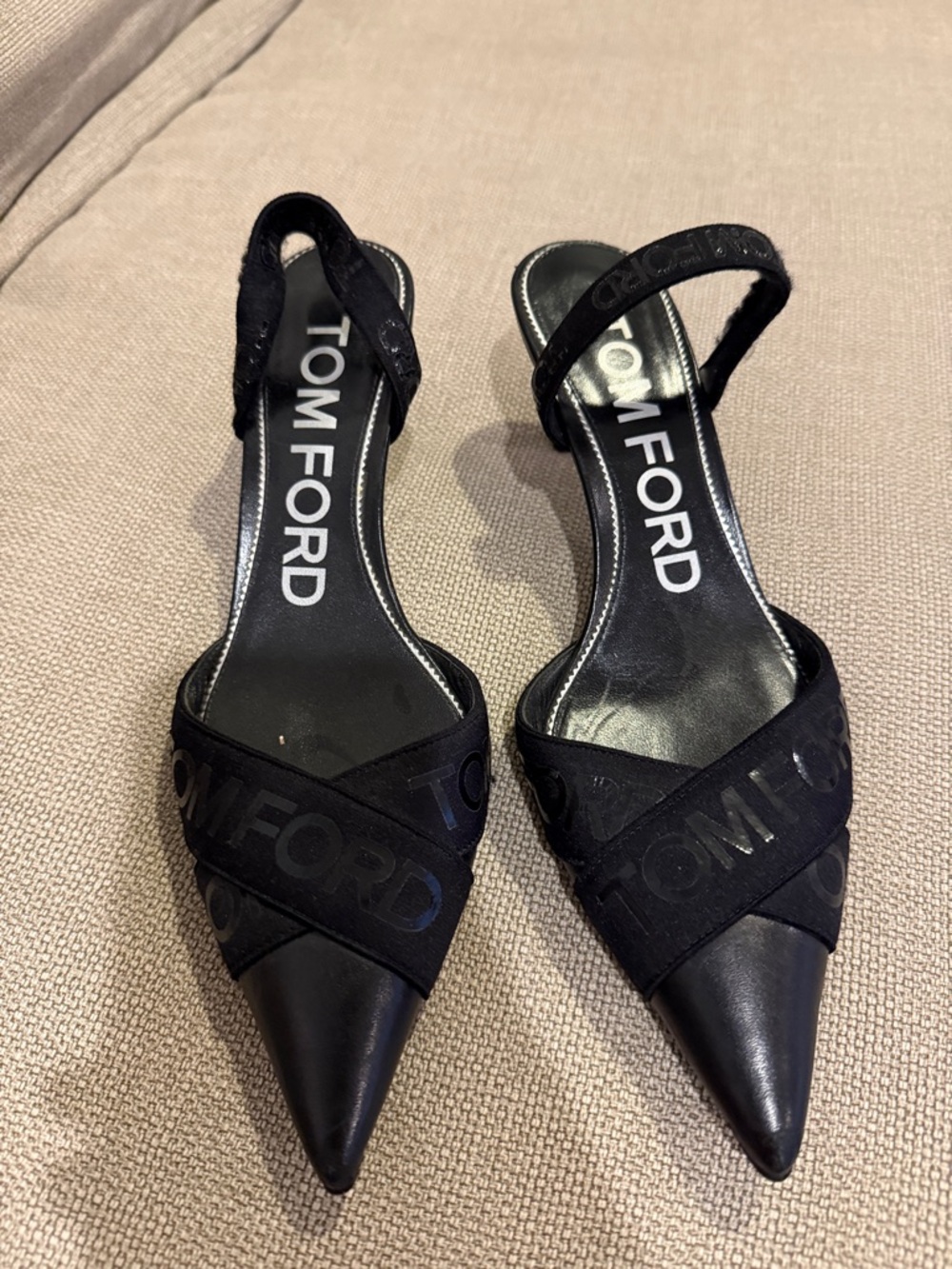 Tom Ford Black Pointed Logo Slingback Heels